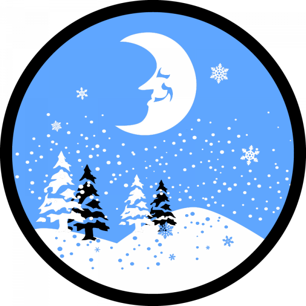 Farbiges Gobo zu Weihnachten, Winterlandschaft mit Mond und Tannen