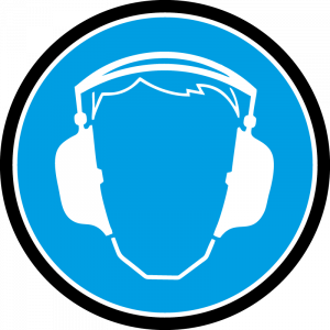 Farbiges Gobo mit Warnhinweis Gehörschutz, hergestellt aus Glas