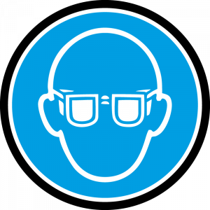 Farbiges Gobo mit Warnhinweis Augenschutz, Schutzbrille, hergestellt aus Glas