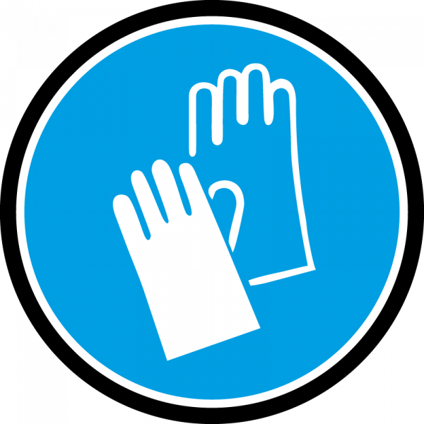 Farbiges Gobo mit Warnhinweis Handschutz, Handschuhe, hergestellt aus Glas