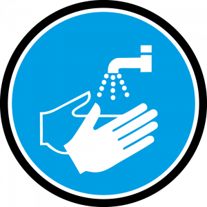 Farbiges Gobo mit Warnhinweis Hände desinfizieren, hergestellt aus Glas