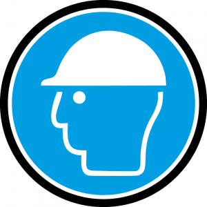 Farbiges Gobo mit Warnhinweis Kopfschutz, Helm, hergestellt aus Glas